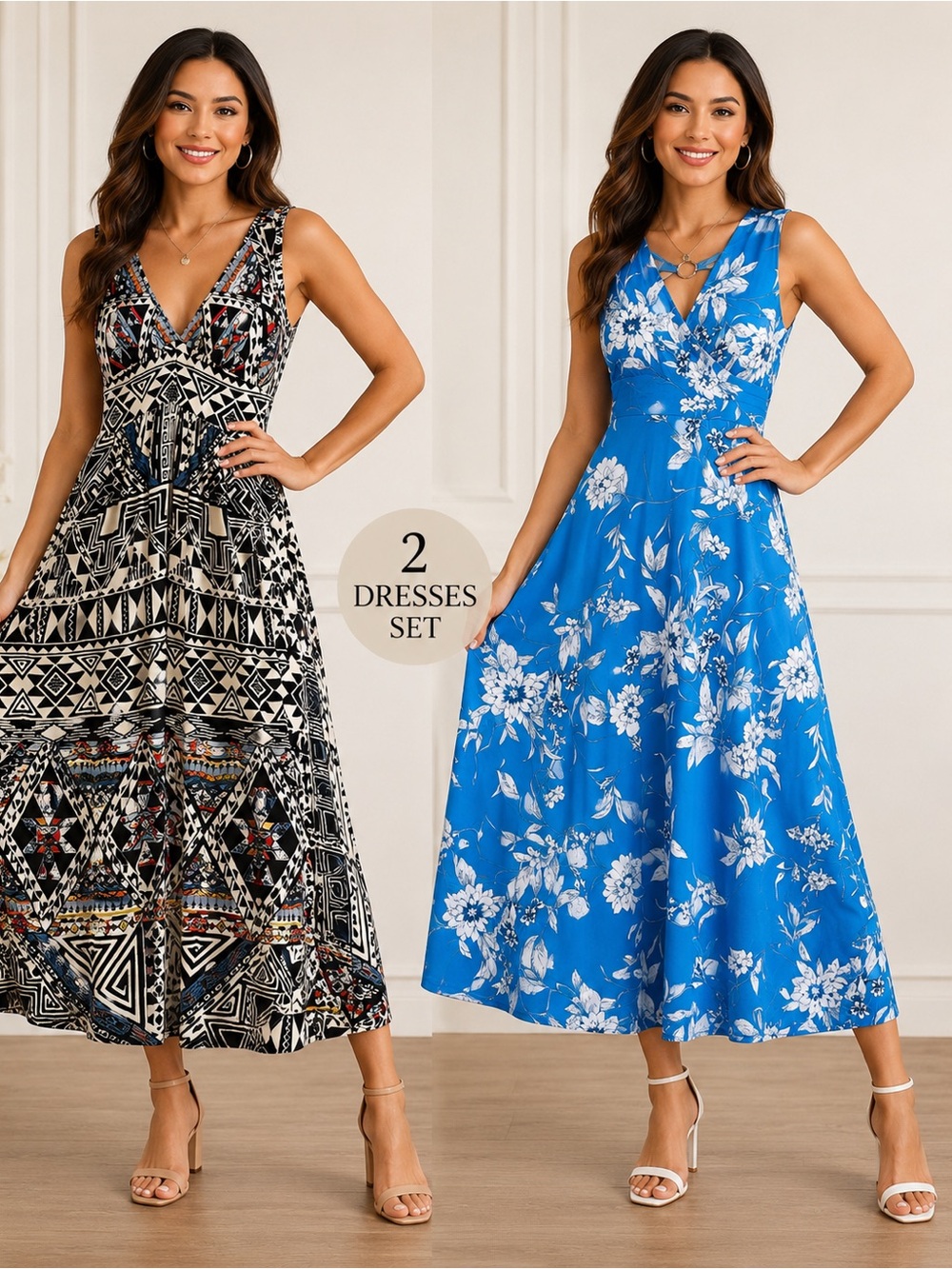 Women’s 2-Pack V-Neck Maxi Dresses — Blue Floral & Black Geo